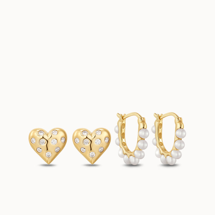 Heart CZ Studs & Pearl Hoops Set