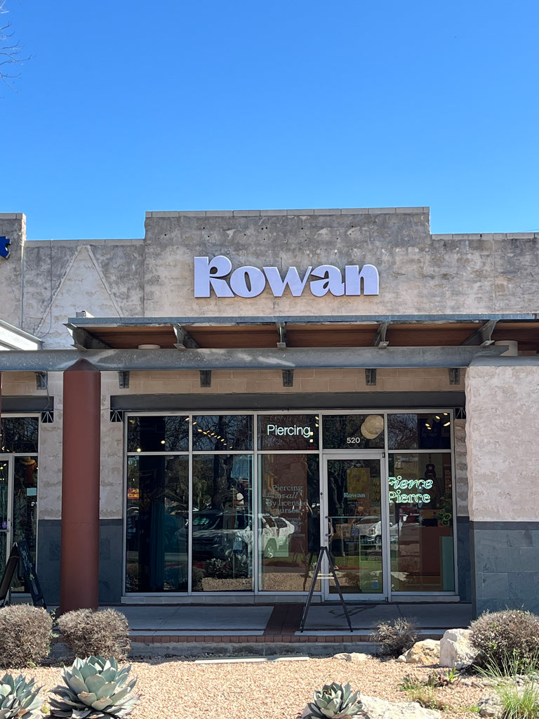 Exterior of Rowan ear-piercing studio at Central Park in Austin Texas.